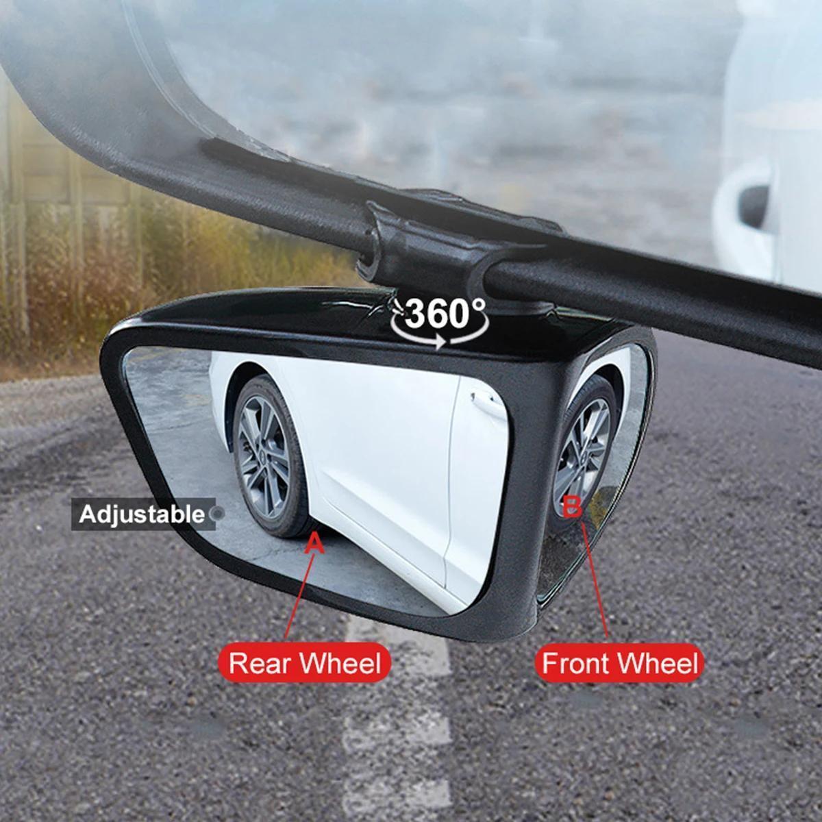 High definition blind spot mirror with 360° adjustability, wide-angle view for front and rear wheels. Ideal for trucks, SUVs, and cars.