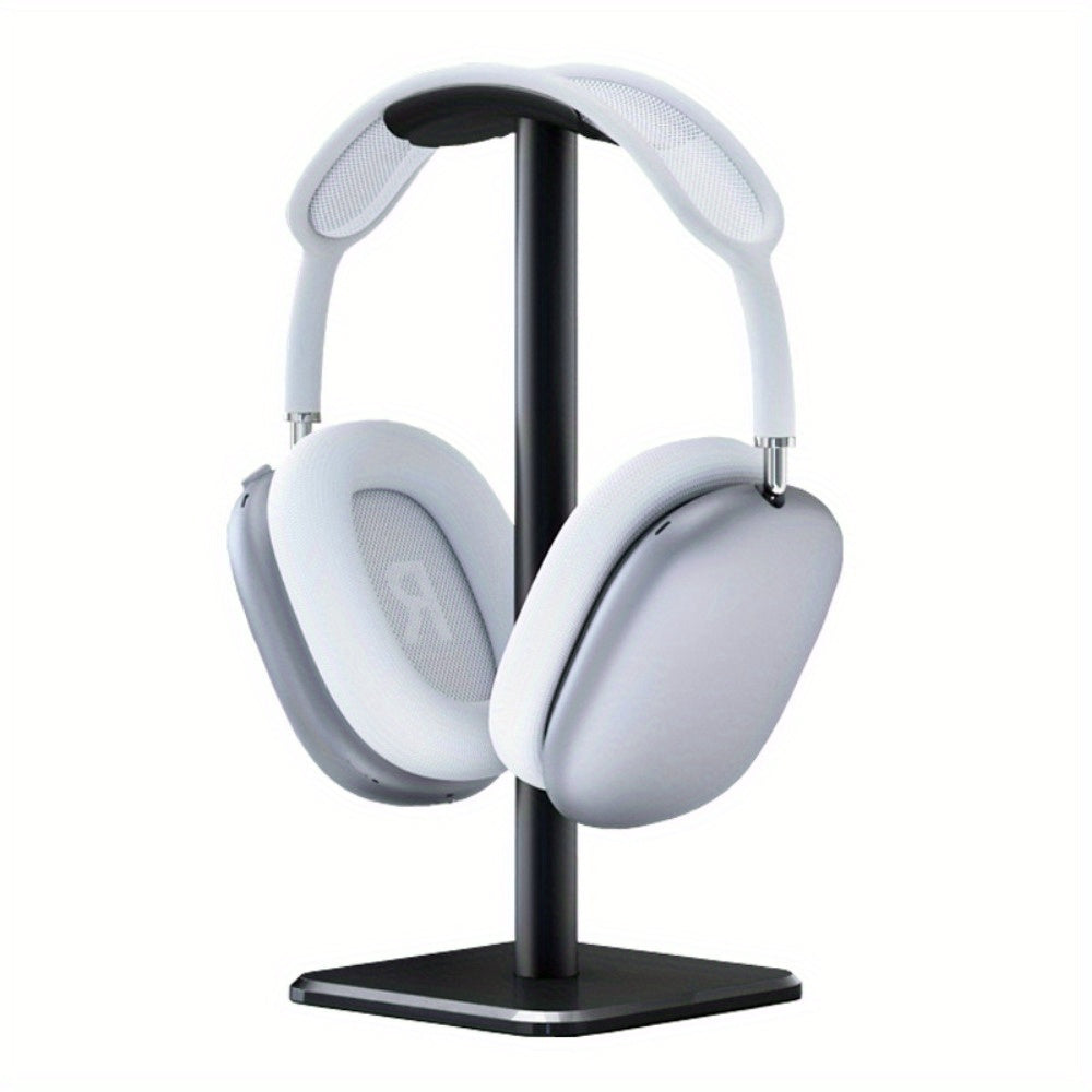 Aluminum headphone stand for gaming earphones with durable matte finish, also functions as a rectangular desk organizer for office desktop.