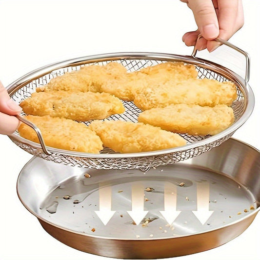 The Stainless Steel Oil Filter Tray with Mesh Basket is versatile and can be used for frying, grilling, and as a kitchen strainer. It's ideal for outdoor camping BBQ supplies, and is durable, easy to clean, and does not require a magnesium rod or flint.