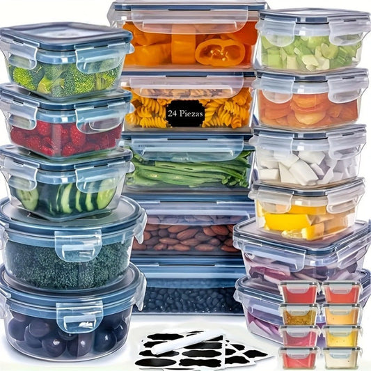 Set of kitchen storage containers with labels, marker pen, and lids. Microwave safe and airtight, perfect for meal prep and keeping food fresh.