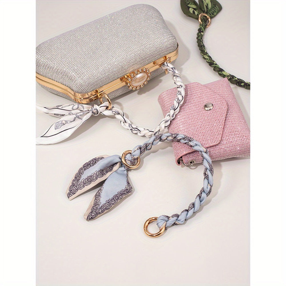 "Stylish Scarf Handbag Chain Accessory, Unique Short Woven Polyester Bag Strap, Fashionable Universal Purse Chain with Leaf Pendant Decoration