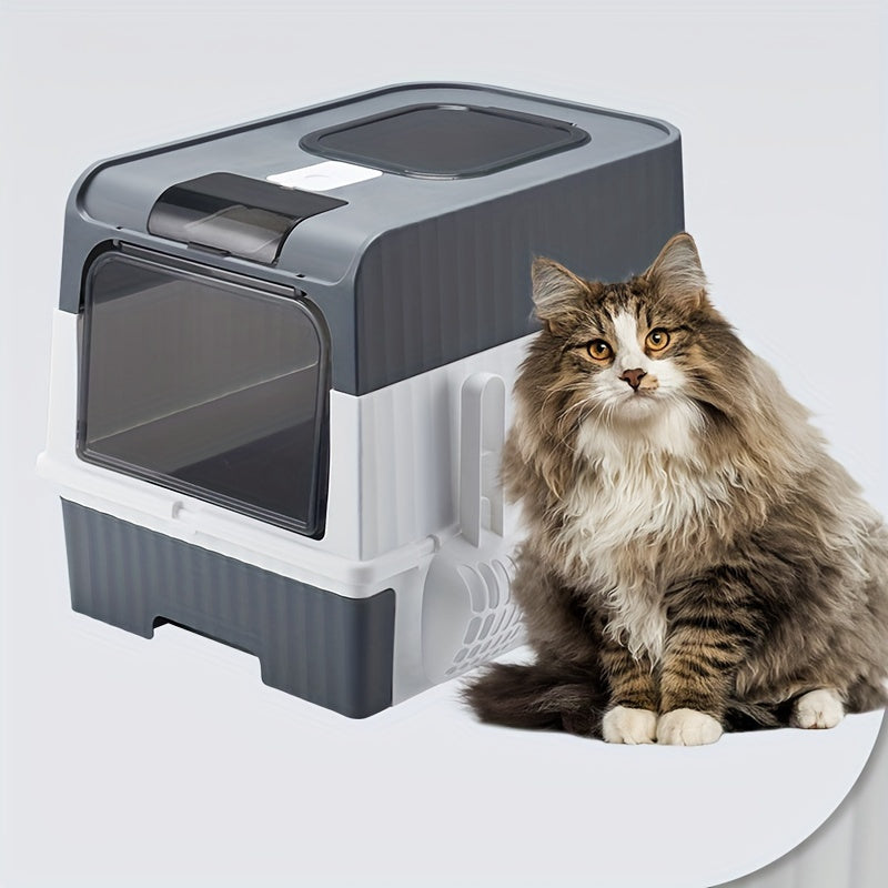 Large polypropylene cat litter box with odor-resistant design, leak-proof top entry, easy-clean drawer, dual-door, vent control, and lid for cats up to 6.8 KG