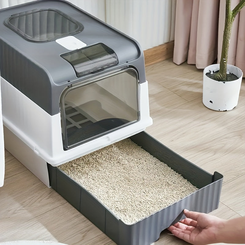 Large polypropylene cat litter box with odor-resistant design, leak-proof top entry, easy-clean drawer, dual-door, vent control, and lid for cats up to 6.8 KG