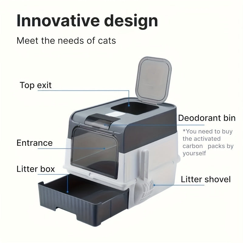 Large polypropylene cat litter box with odor-resistant design, leak-proof top entry, easy-clean drawer, dual-door, vent control, and lid for cats up to 6.8 KG