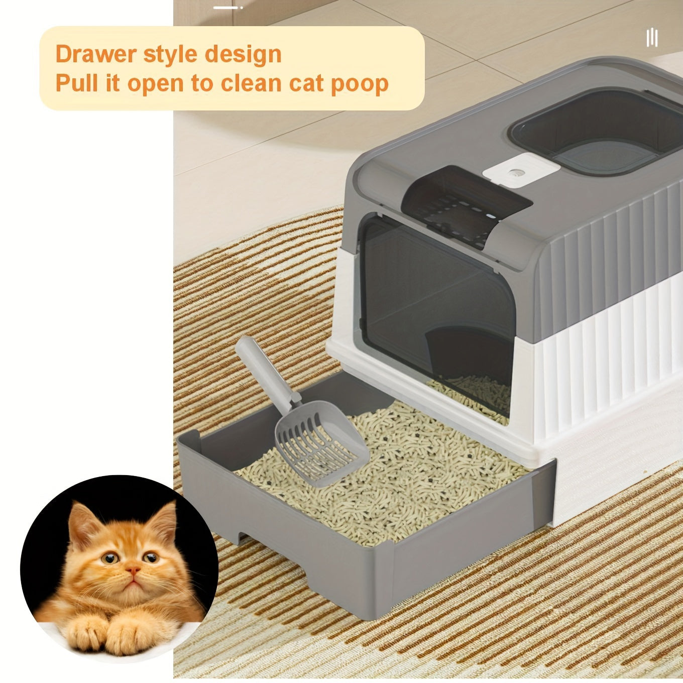 Large polypropylene cat litter box with odor-resistant design, leak-proof top entry, easy-clean drawer, dual-door, vent control, and lid for cats up to 6.8 KG