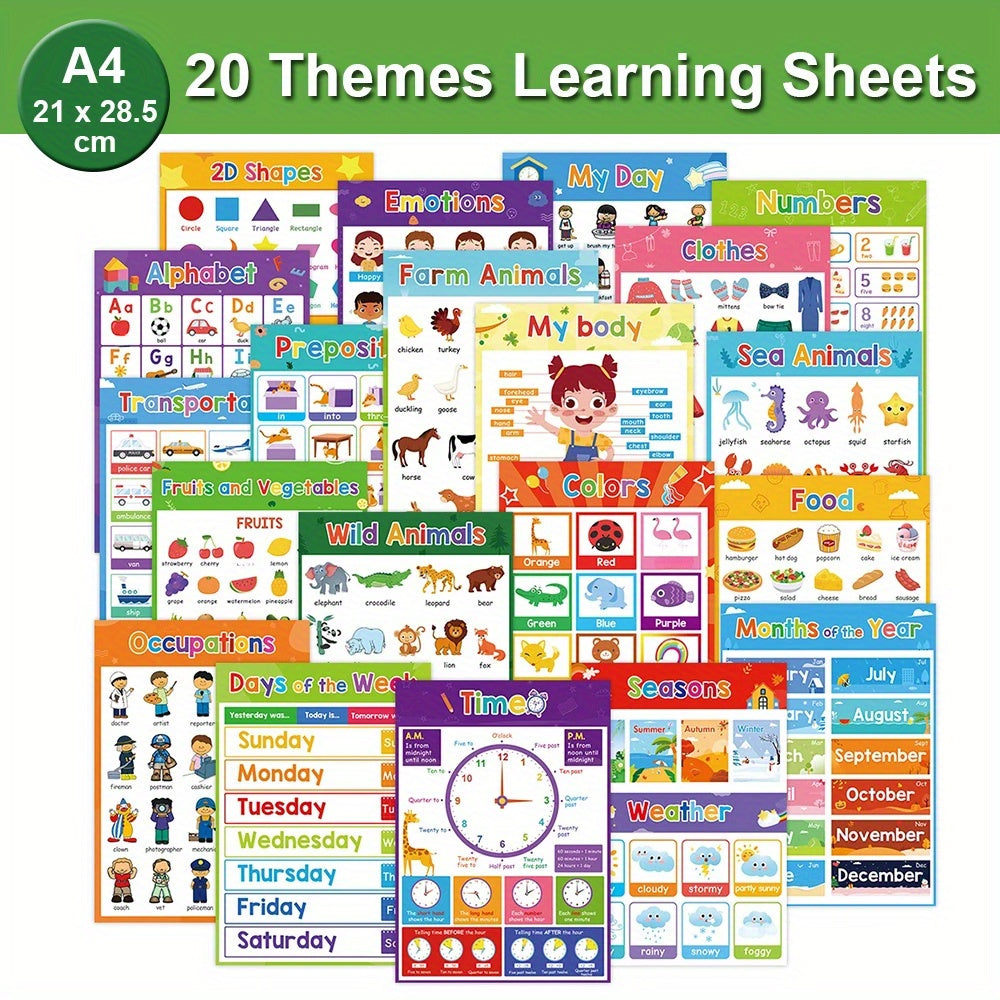 20-Pack Laminated Educational Learning Posters for Kids - Alphabet, Numbers, Shapes, Colors, Seasons, Weather, and more - Preschool, Kindergarten, Homeschool Classroom Wall Decor