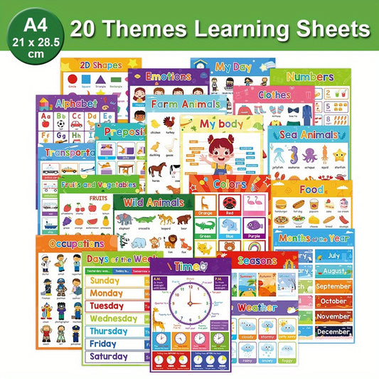 20-Pack Laminated Educational Learning Posters for Kids - Alphabet, Numbers, Shapes, Colors, Seasons, Weather, and more - Preschool, Kindergarten, Homeschool Classroom Wall Decor