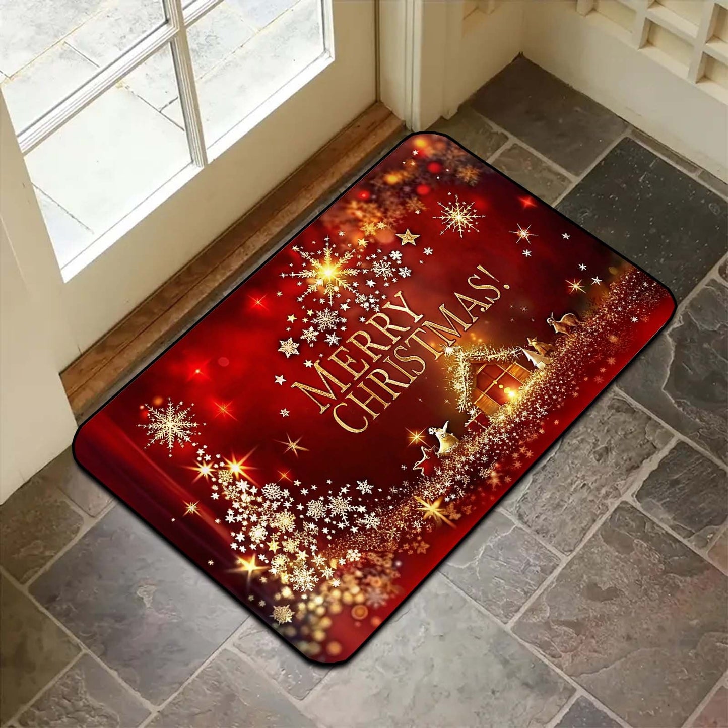 Get ready for the holidays with our Christmas-themed welcome mat! This 3D festive door rug features a shiny star pattern and is non-slip, easy to clean, and stain-resistant. Made from polyester with a PVC backing, this machine washable mat is perfect for