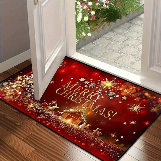 Get ready for the holidays with our Christmas-themed welcome mat! This 3D festive door rug features a shiny star pattern and is non-slip, easy to clean, and stain-resistant. Made from polyester with a PVC backing, this machine washable mat is perfect for