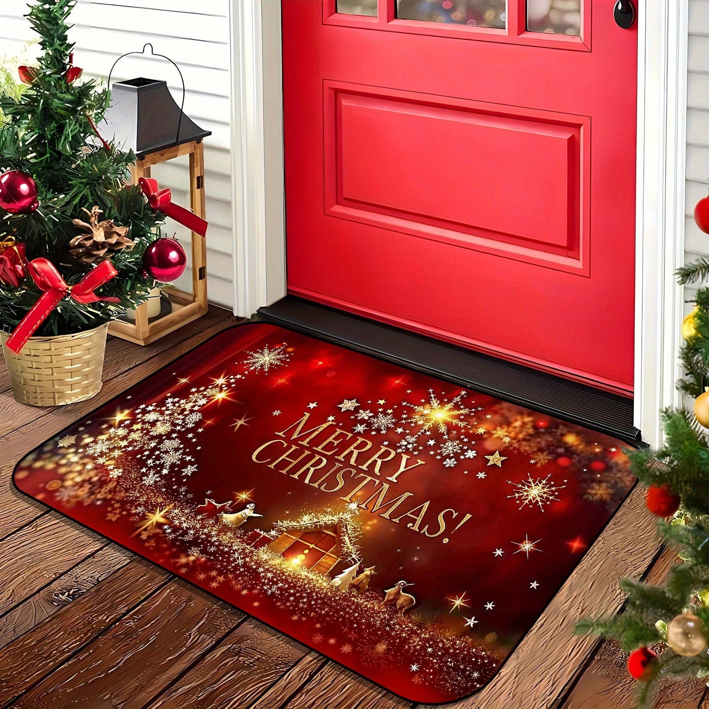 Get ready for the holidays with our Christmas-themed welcome mat! This 3D festive door rug features a shiny star pattern and is non-slip, easy to clean, and stain-resistant. Made from polyester with a PVC backing, this machine washable mat is perfect for