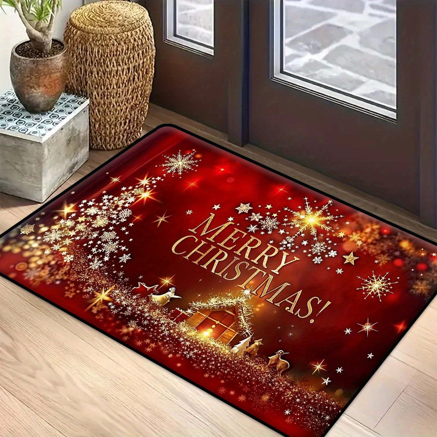 Get ready for the holidays with our Christmas-themed welcome mat! This 3D festive door rug features a shiny star pattern and is non-slip, easy to clean, and stain-resistant. Made from polyester with a PVC backing, this machine washable mat is perfect for