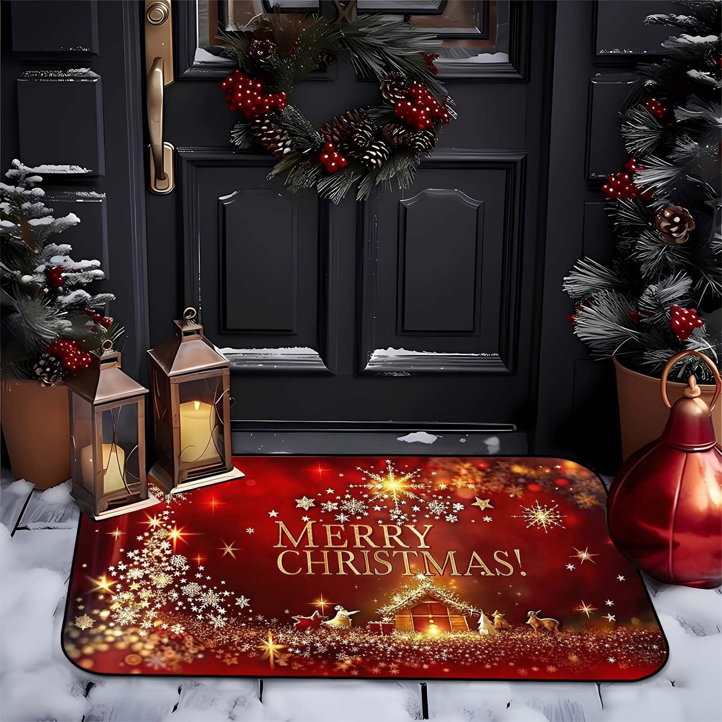 Get ready for the holidays with our Christmas-themed welcome mat! This 3D festive door rug features a shiny star pattern and is non-slip, easy to clean, and stain-resistant. Made from polyester with a PVC backing, this machine washable mat is perfect for