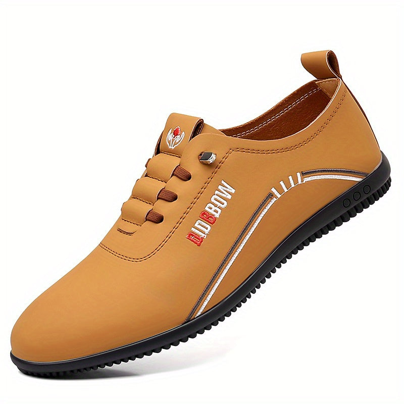 Men's business casual shoes with solid color graphic design, slip-on style, faux leather upper, rubber sole, and fabric insole.