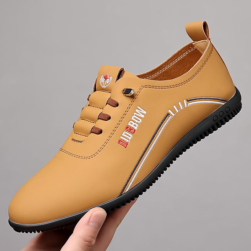 Men's business casual shoes with solid color graphic design, slip-on style, faux leather upper, rubber sole, and fabric insole.