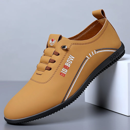 Men's business casual shoes with solid color graphic design, slip-on style, faux leather upper, rubber sole, and fabric insole.