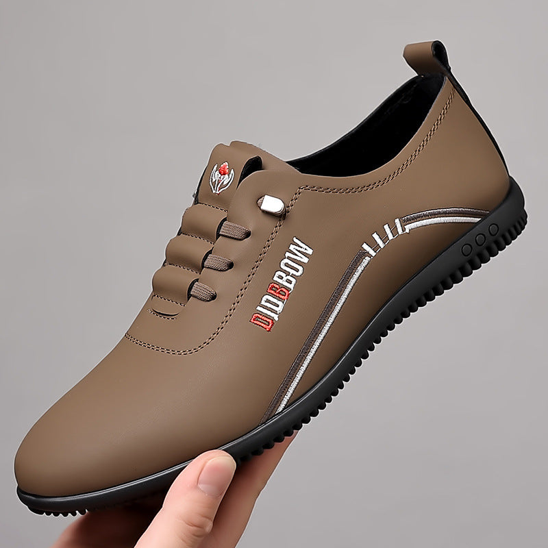 Men's business casual shoes with solid color graphic design, slip-on style, faux leather upper, rubber sole, and fabric insole.