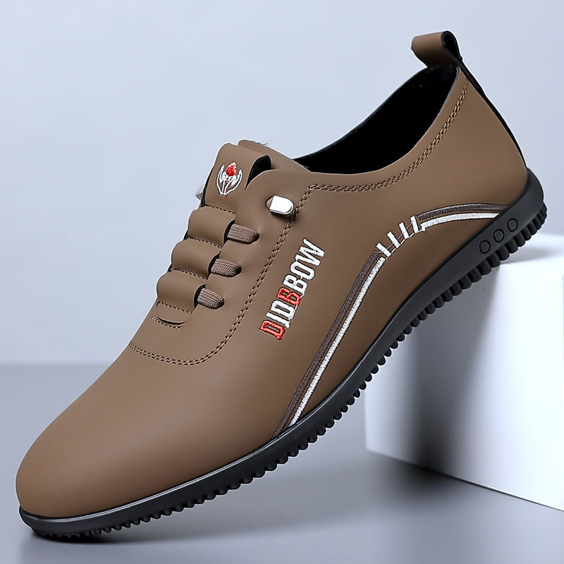 Men's business casual shoes with solid color graphic design, slip-on style, faux leather upper, rubber sole, and fabric insole.