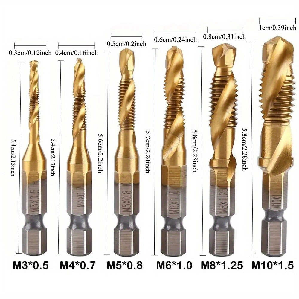 6pcs Titanium Coated High-Speed Steel Drill Tap Set for Precision Hole Making in Steel, with M3-M10 Metric Thread and Countersink Bits, ideal for DIY and Professional use.