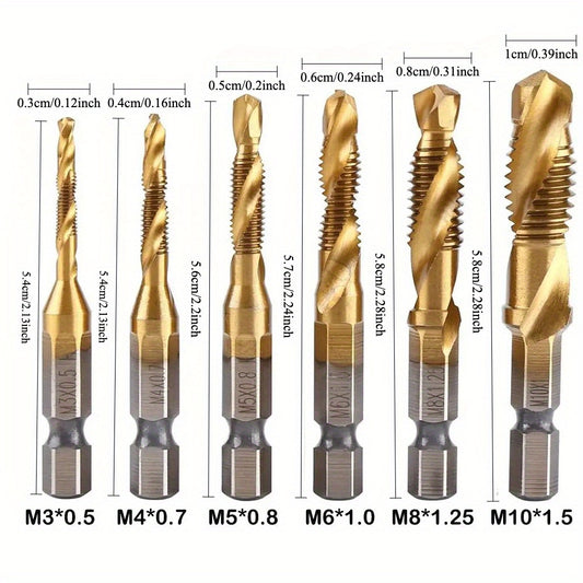 6pcs Titanium Coated High-Speed Steel Drill Tap Set for Precision Hole Making in Steel, with M3-M10 Metric Thread and Countersink Bits, ideal for DIY and Professional use.