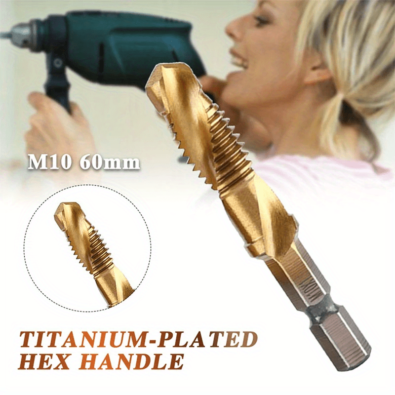 6pcs Titanium Coated High-Speed Steel Drill Tap Set for Precision Hole Making in Steel, with M3-M10 Metric Thread and Countersink Bits, ideal for DIY and Professional use.