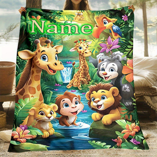 Customize your own cartoon jungle animals flannel throw blanket with 1 piece - perfect for adding a personal touch to your sofa, bed, or travel adventures. Made from soft, warm, and lightweight polyester fleece, this digital print blanket is feather-free