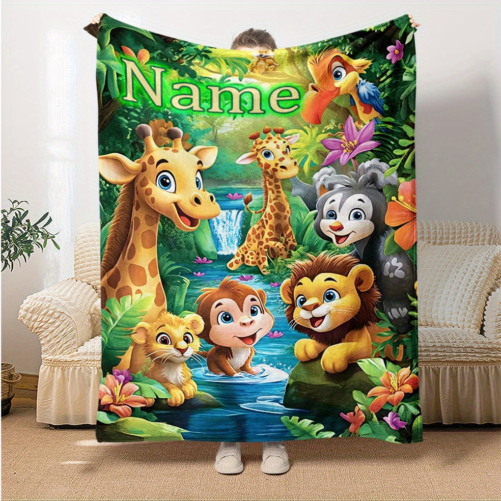 Customize your own cartoon jungle animals flannel throw blanket with 1 piece - perfect for adding a personal touch to your sofa, bed, or travel adventures. Made from soft, warm, and lightweight polyester fleece, this digital print blanket is feather-free