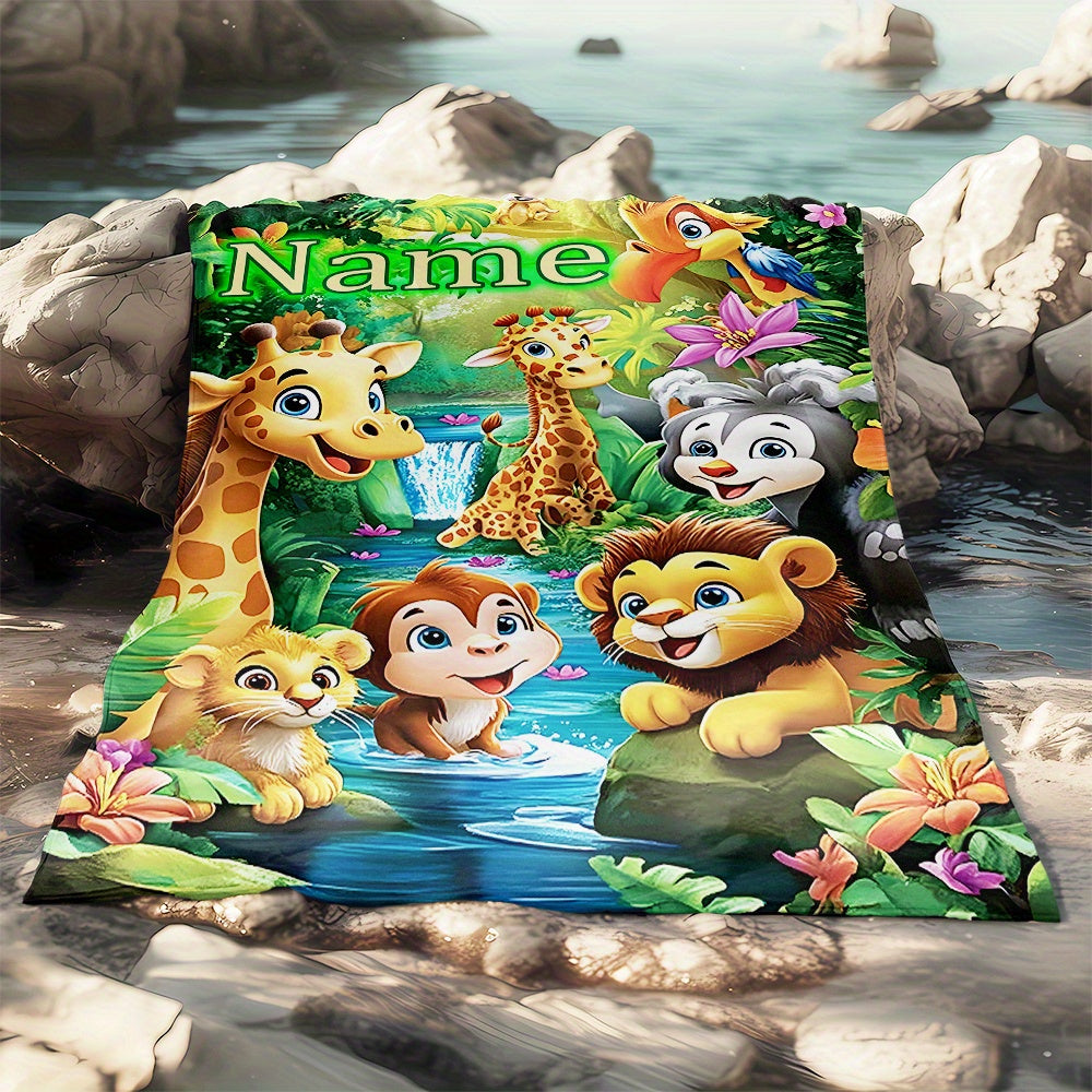 Customize your own cartoon jungle animals flannel throw blanket with 1 piece - perfect for adding a personal touch to your sofa, bed, or travel adventures. Made from soft, warm, and lightweight polyester fleece, this digital print blanket is feather-free