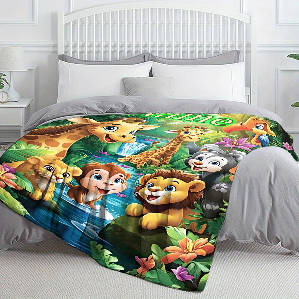 Customize your own cartoon jungle animals flannel throw blanket with 1 piece - perfect for adding a personal touch to your sofa, bed, or travel adventures. Made from soft, warm, and lightweight polyester fleece, this digital print blanket is feather-free