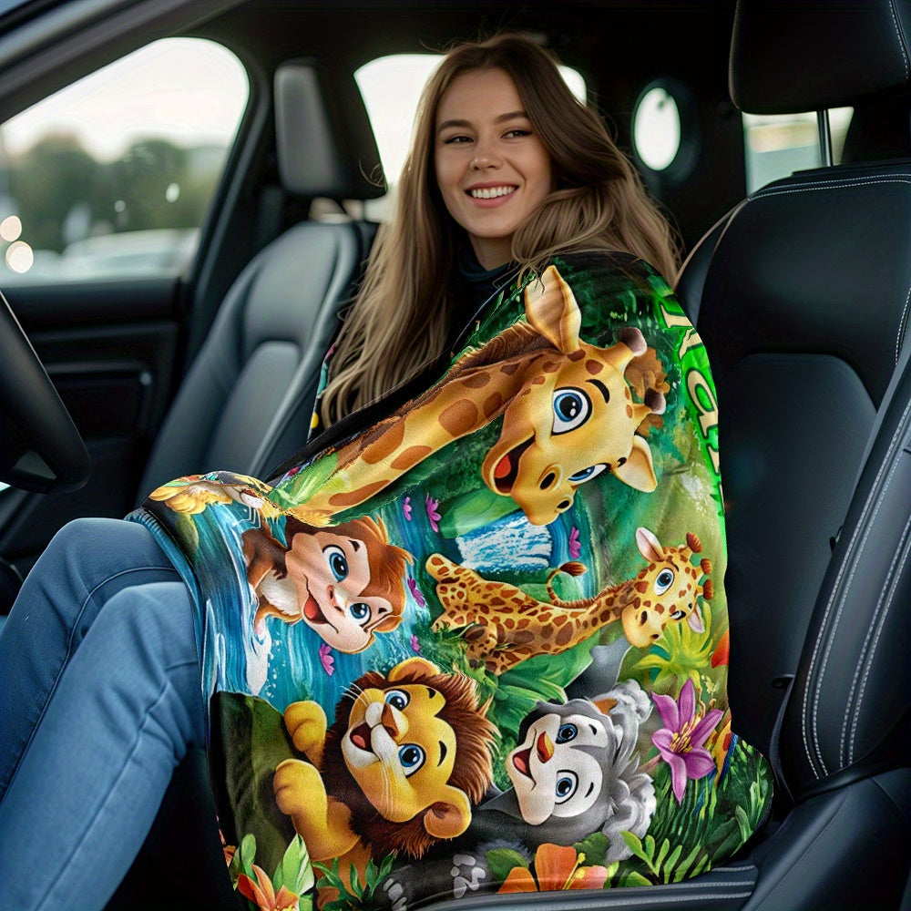 Customize your own cartoon jungle animals flannel throw blanket with 1 piece - perfect for adding a personal touch to your sofa, bed, or travel adventures. Made from soft, warm, and lightweight polyester fleece, this digital print blanket is feather-free