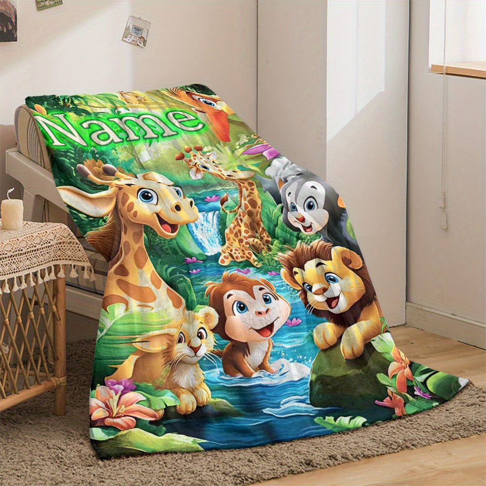 Customize your own cartoon jungle animals flannel throw blanket with 1 piece - perfect for adding a personal touch to your sofa, bed, or travel adventures. Made from soft, warm, and lightweight polyester fleece, this digital print blanket is feather-free