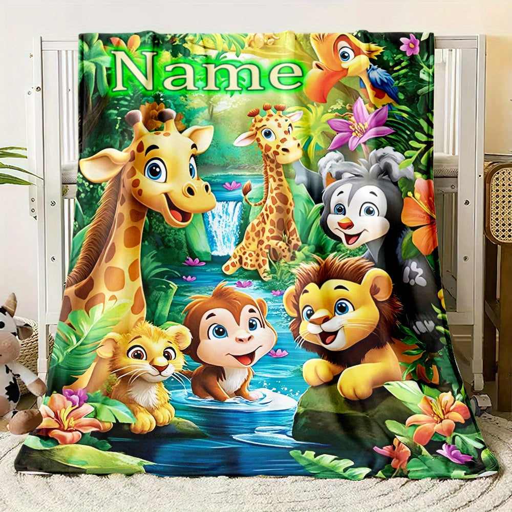 Customize your own cartoon jungle animals flannel throw blanket with 1 piece - perfect for adding a personal touch to your sofa, bed, or travel adventures. Made from soft, warm, and lightweight polyester fleece, this digital print blanket is feather-free