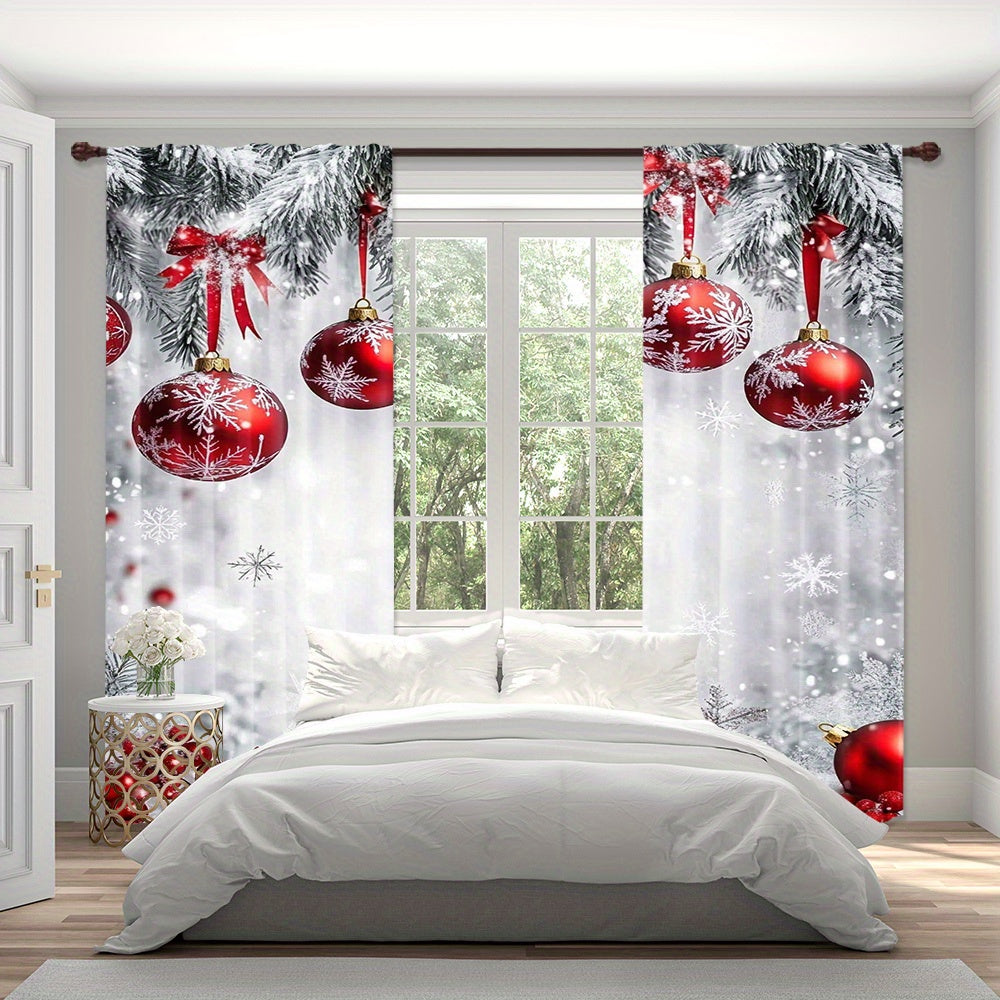 Celebrate the holidays in style with this set of two polyester Christmas curtains. Featuring a high-definition print of red ornaments and snowflakes, these curtains are perfect for bringing a festive touch to your bedroom or living room. The rod pocket