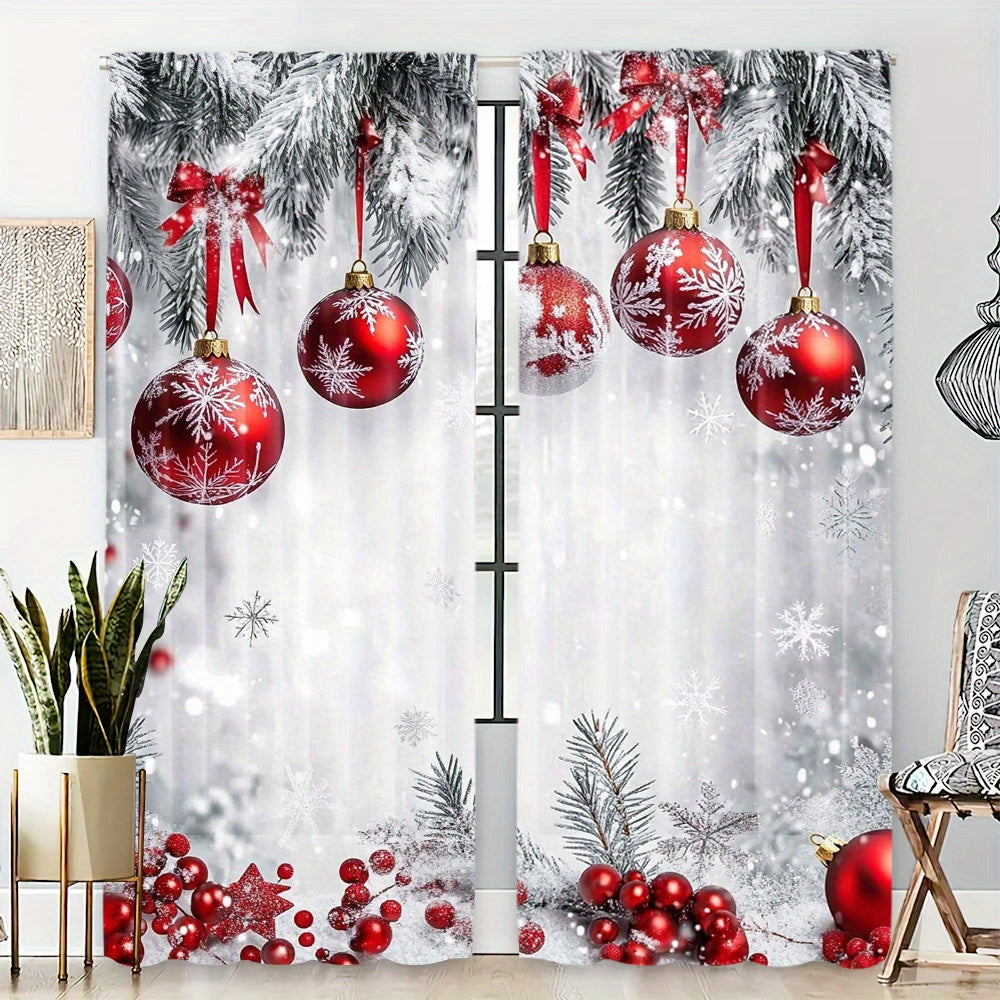 Celebrate the holidays in style with this set of two polyester Christmas curtains. Featuring a high-definition print of red ornaments and snowflakes, these curtains are perfect for bringing a festive touch to your bedroom or living room. The rod pocket