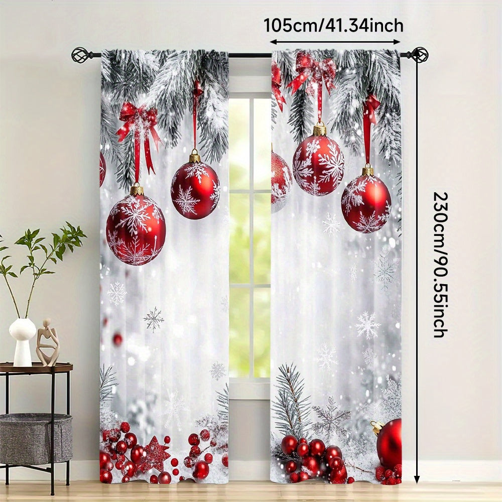 Celebrate the holidays in style with this set of two polyester Christmas curtains. Featuring a high-definition print of red ornaments and snowflakes, these curtains are perfect for bringing a festive touch to your bedroom or living room. The rod pocket