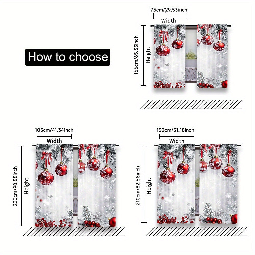 Celebrate the holidays in style with this set of two polyester Christmas curtains. Featuring a high-definition print of red ornaments and snowflakes, these curtains are perfect for bringing a festive touch to your bedroom or living room. The rod pocket