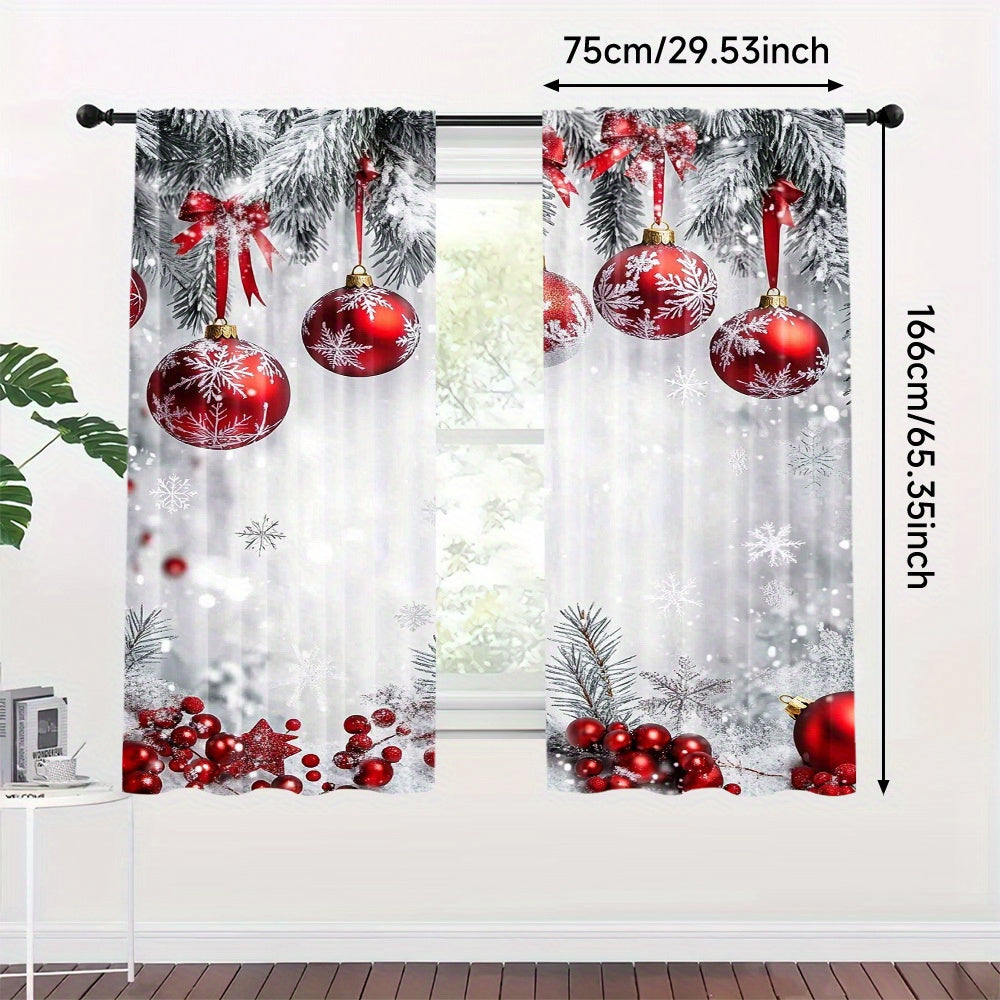 Celebrate the holidays in style with this set of two polyester Christmas curtains. Featuring a high-definition print of red ornaments and snowflakes, these curtains are perfect for bringing a festive touch to your bedroom or living room. The rod pocket