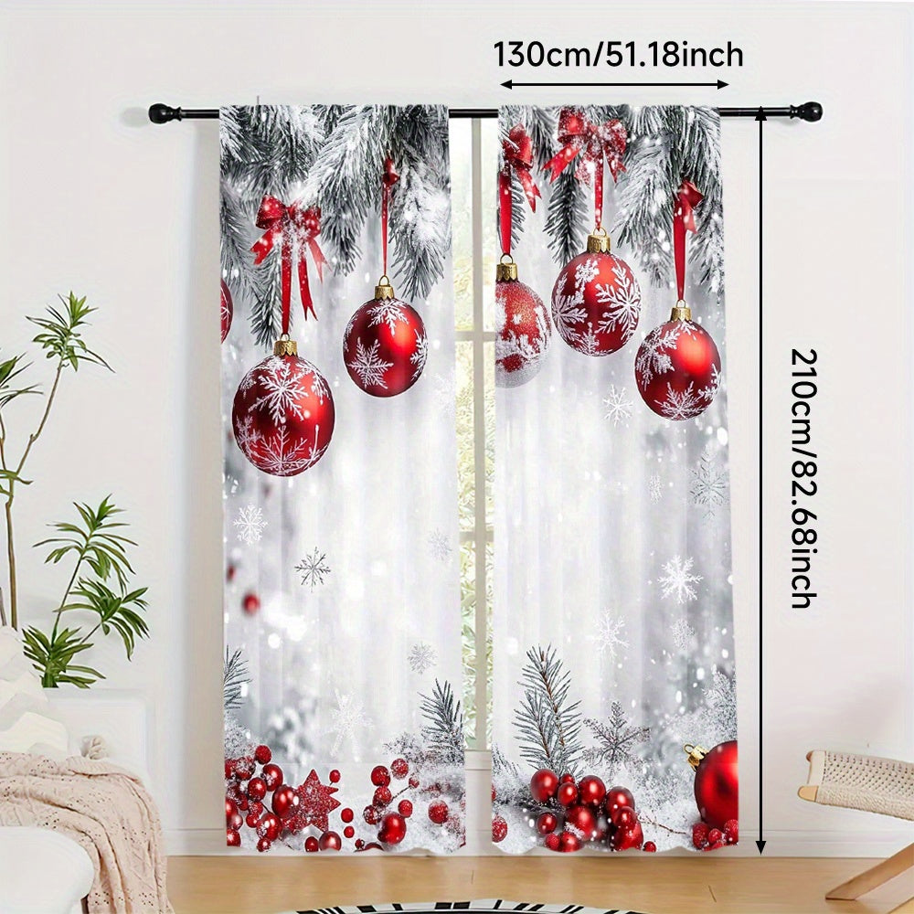 Celebrate the holidays in style with this set of two polyester Christmas curtains. Featuring a high-definition print of red ornaments and snowflakes, these curtains are perfect for bringing a festive touch to your bedroom or living room. The rod pocket