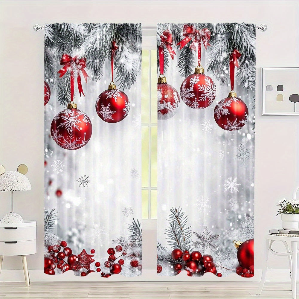 Celebrate the holidays in style with this set of two polyester Christmas curtains. Featuring a high-definition print of red ornaments and snowflakes, these curtains are perfect for bringing a festive touch to your bedroom or living room. The rod pocket