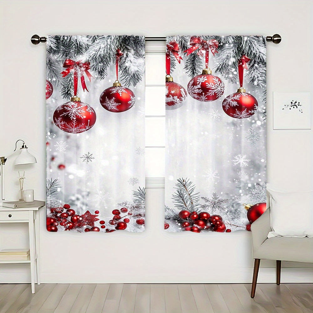 Celebrate the holidays in style with this set of two polyester Christmas curtains. Featuring a high-definition print of red ornaments and snowflakes, these curtains are perfect for bringing a festive touch to your bedroom or living room. The rod pocket