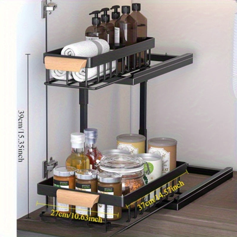 Metal pull-out cabinet organizer for kitchen and dining storage, does not require power, safe for storing seasonings and more.