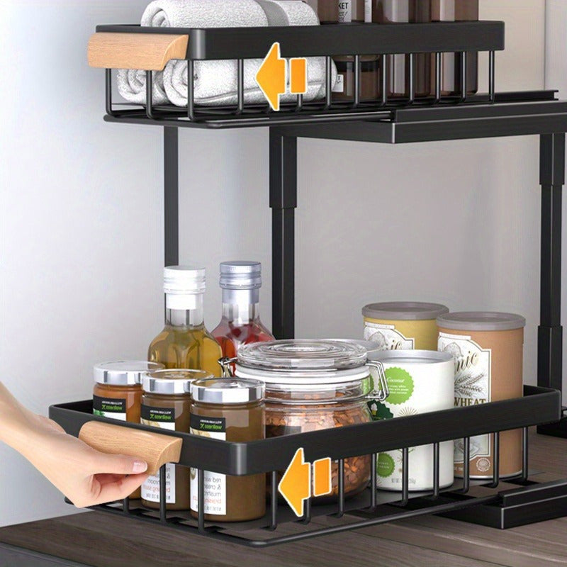 Metal pull-out cabinet organizer for kitchen and dining storage, does not require power, safe for storing seasonings and more.