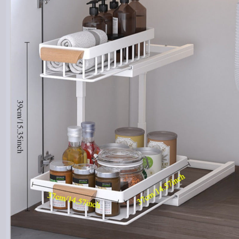 Metal pull-out cabinet organizer for kitchen and dining storage, does not require power, safe for storing seasonings and more.