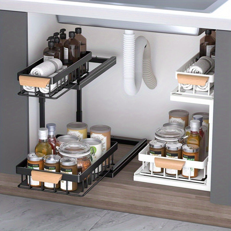 Metal pull-out cabinet organizer for kitchen and dining storage, does not require power, safe for storing seasonings and more.