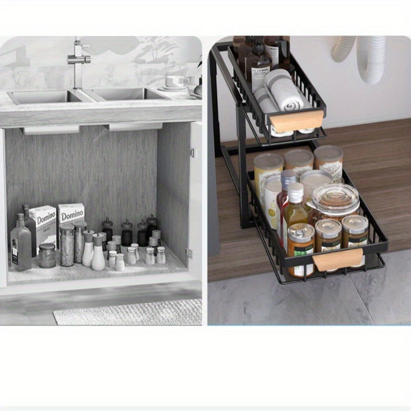 Metal pull-out cabinet organizer for kitchen and dining storage, does not require power, safe for storing seasonings and more.