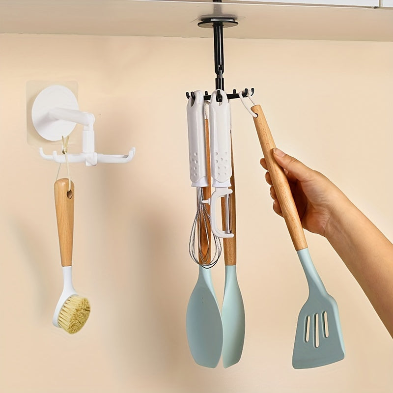 Folding Hook Kitchen Utensil Holder with 360-Degree Rotation, Self-Adhesive Cabinet Door Hook, Multi-functional Wall Mount for Bathroom and Kitchen Accessories - Stylish Plastic Design, No Drilling Required