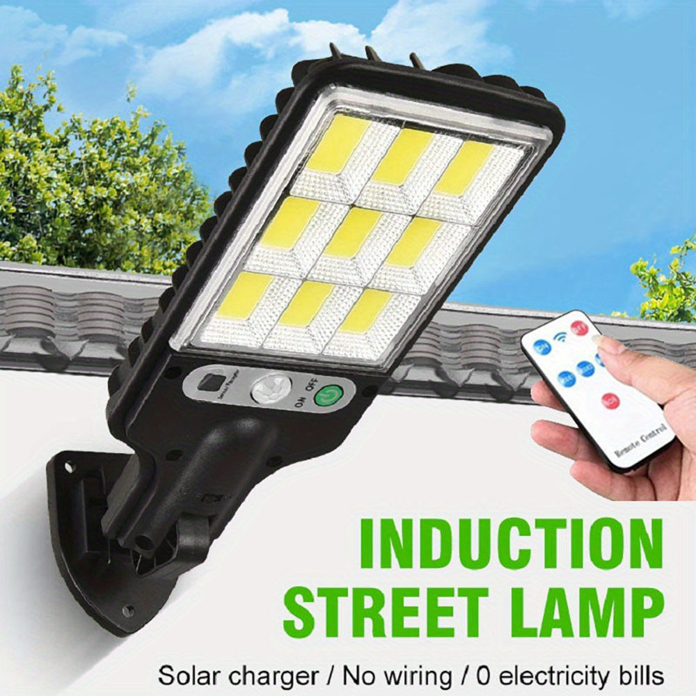 Solar powered LED street lights with motion sensor, remote control, and human induction. Comes with plastic lamp shade, lithium battery, and infrared sensor function for outdoor use.