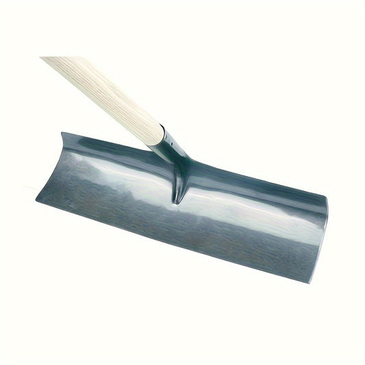 Rugged farming shovel with wooden handle and durable metal scraper for corn, wheat, and grain collection. Ideal for harvesting and soil work. Rustic design with wooden handle grip.