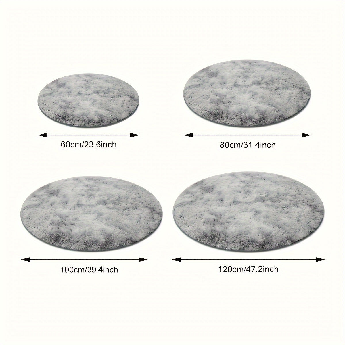 Soft and plush grey round carpet perfect for living room or bedroom decor. Anti-stain and non-slip for added convenience. Made of fluffy polyester material, ideal for Christmas and festive seasons. Care instructions: Dry clean only.