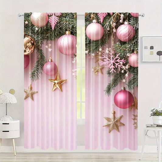 Pink Christmas Curtains - Set of 2, Vibrant Digital Print, Rod Pocket Design, High Definition Print, Festive Home Decor for Living Room & Bedroom, Must-Have for Study Room, Made of Polyester Material, Perfect Window Treatment (Rod Not Included)