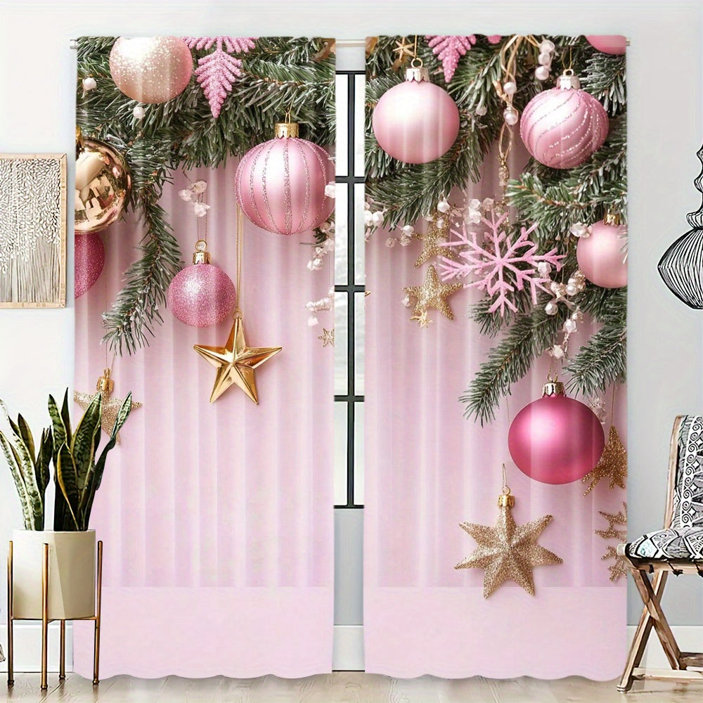 Pink Christmas Curtains - Set of 2, Vibrant Digital Print, Rod Pocket Design, High Definition Print, Festive Home Decor for Living Room & Bedroom, Must-Have for Study Room, Made of Polyester Material, Perfect Window Treatment (Rod Not Included)